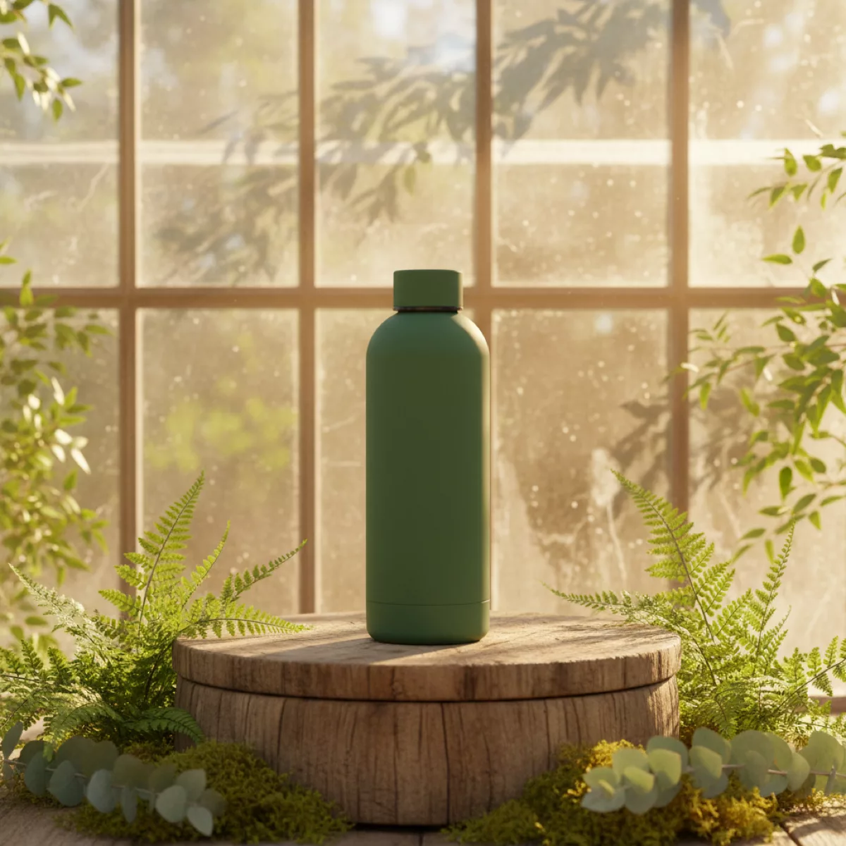 Matte green water bottle on a wooden pedestal in a sunlit greenhouse