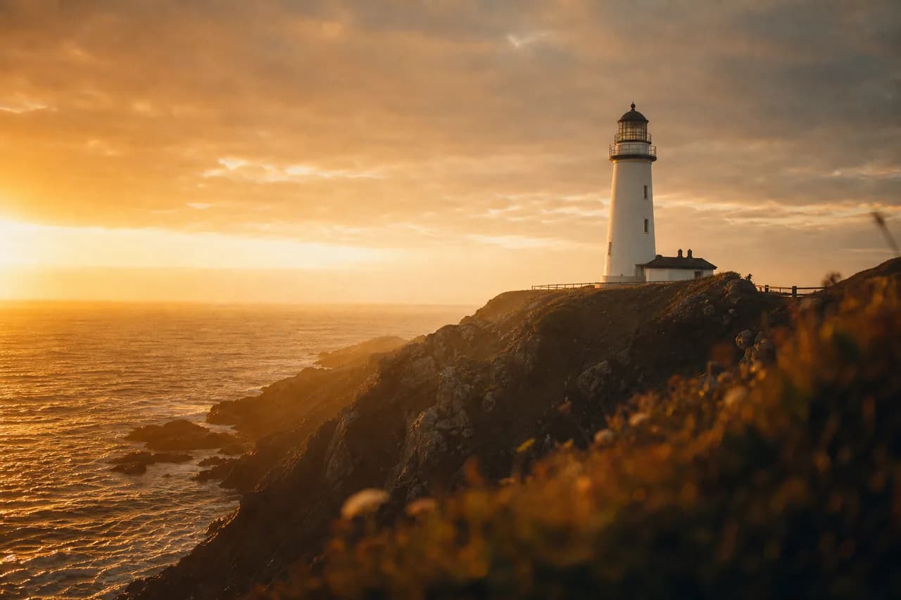 Lighthouse on a cliff above the sea at golden hour