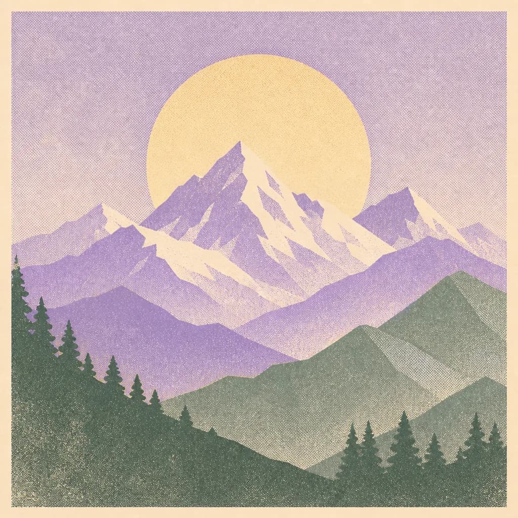 Risograph-style poster of layered mountain ranges in front of a large sun