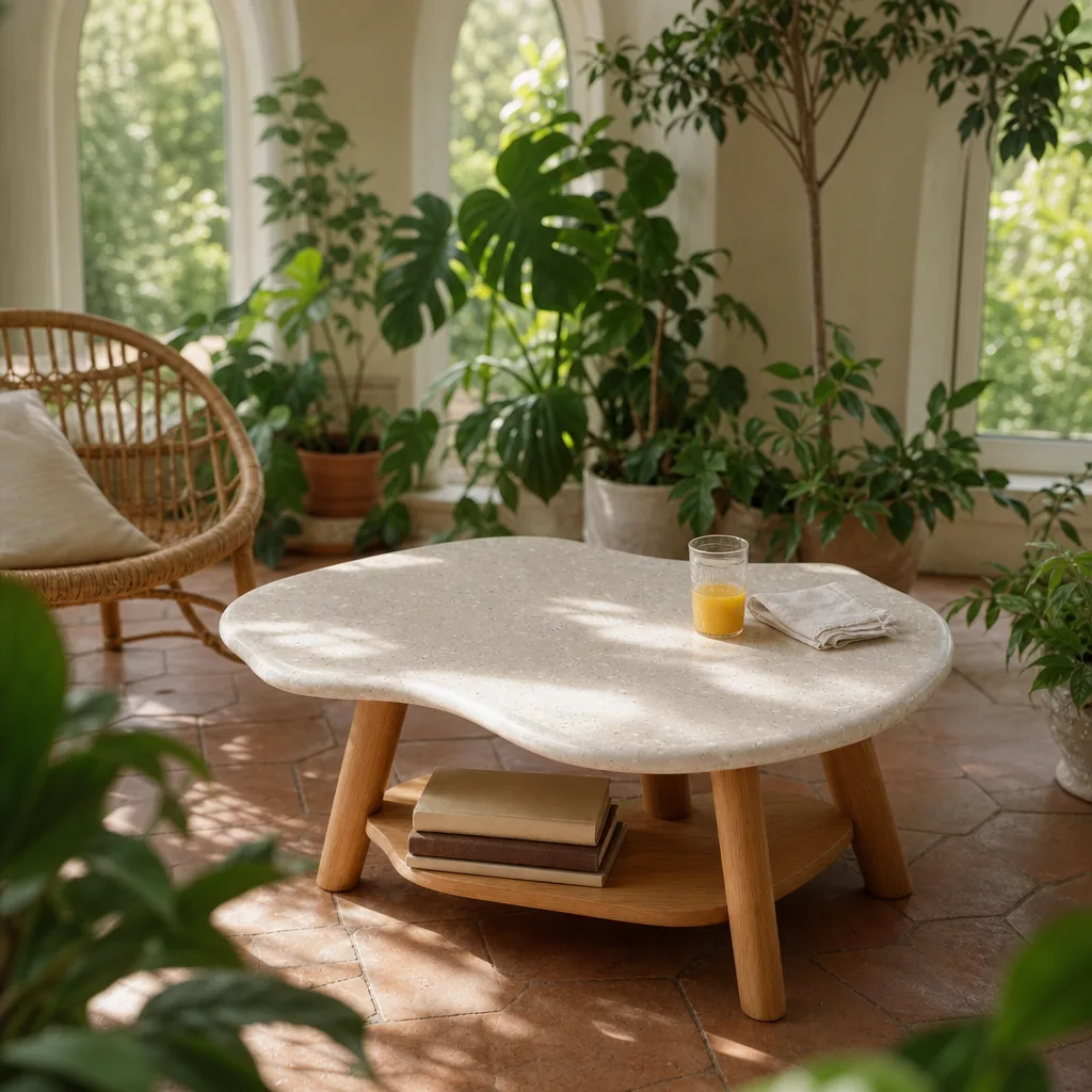 Instagram-style product photo of an organic cream coffee table in a plant-filled sunroom