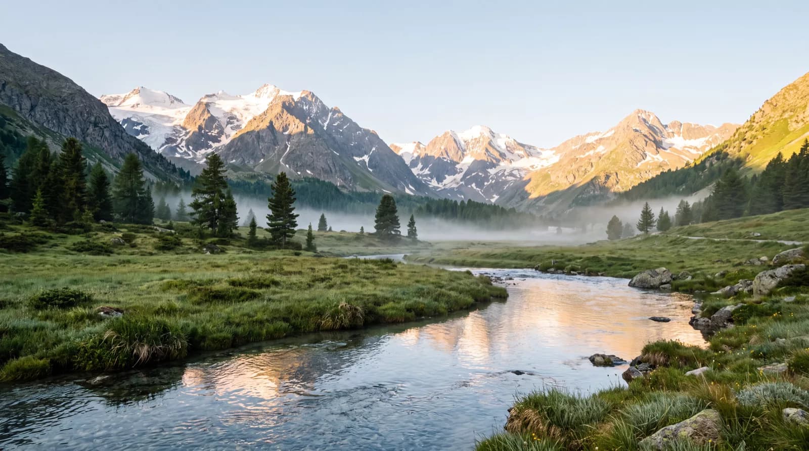 Alpine valley at golden hour with mist over a meadow and snowy peaks